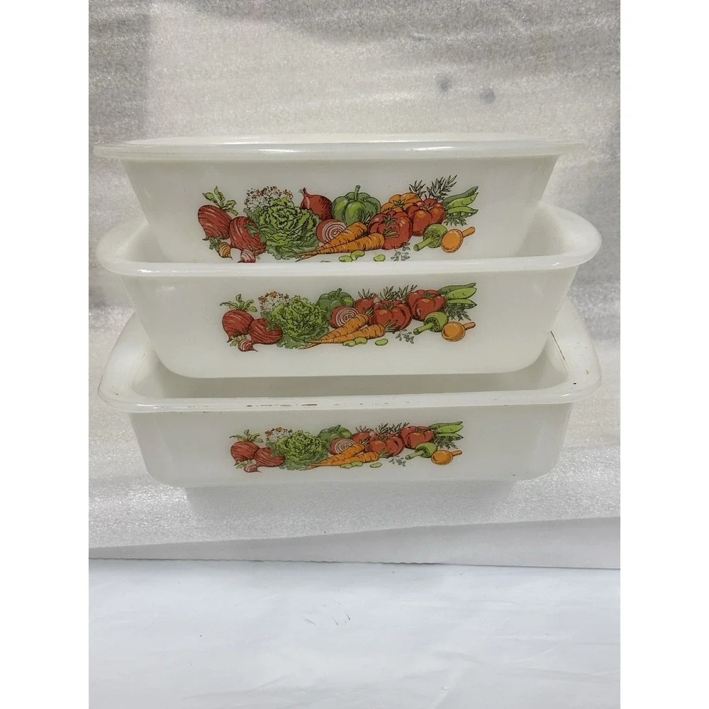 Vintage Glasbake‎ Lot Of 3 Vegetable Garden Medley Casserole Loaf Oval Serving